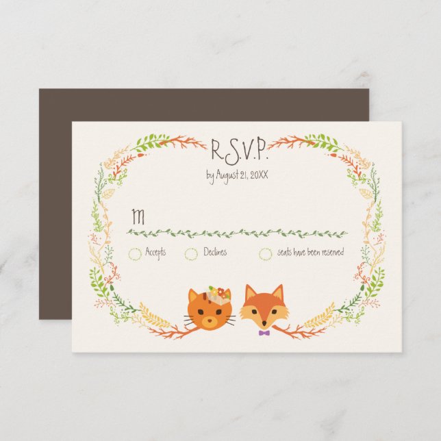 Cartons Réponse Whimsical Woodland Chat & Renard Mariage Couple RS (Devant / Derrière)