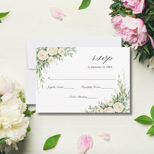 Cartons Réponse White Cream Watercolor Florals Roses Wedding  (White Cream Watercolor Florals Roses Wedding RSVP card)