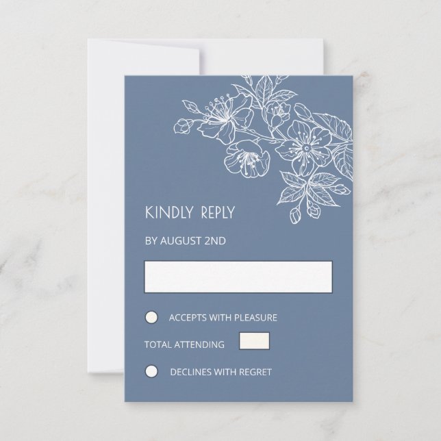Cartons Réponse White Floral Line Art Dusty Blue Wedding (Devant)