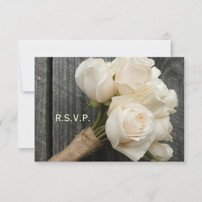 Cartons Réponse White Rose Bouquet & Barnwood Mariage R.S.V.P. (Devant)