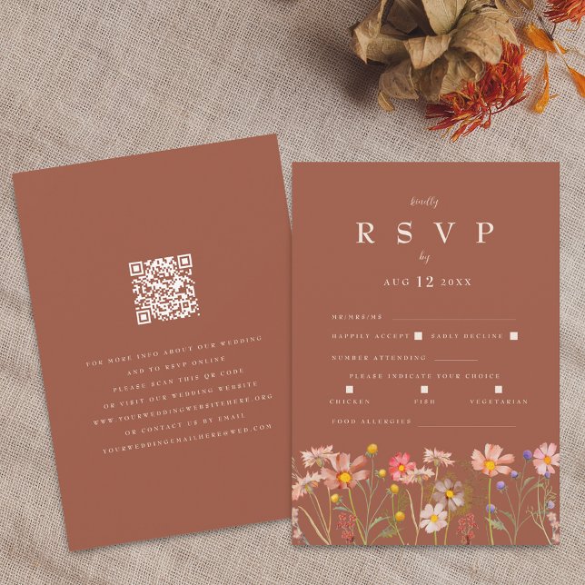 Cartons Réponse Wildflower Boho Fall Terracotta Meal Options (Wildflower boho fall floral terracotta rust beige Wedding qr code RSVP enclosure card Meal options)