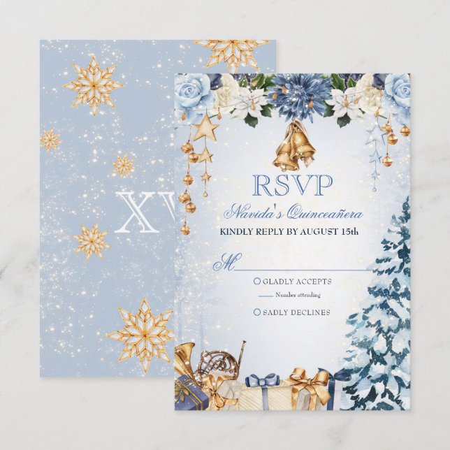 Cartons Réponse Winter Wonderland Blue and Gold Quinceanera (Devant / Derrière)