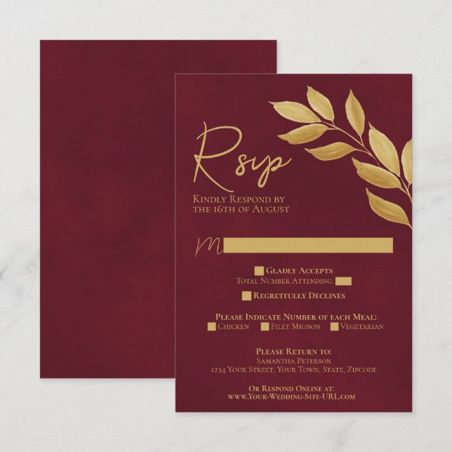 Cartons Réponse Wistful Leaves Burgundy & Gold Watercolor Wedding (Devant / Derrière)