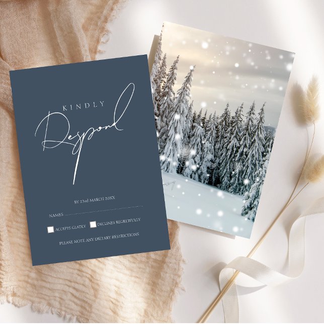 Cartons Réponse Wonderland Woodland Mariage de script de neige (Winter Wonderland Woodland Snow Script Wedding RSVP Card)