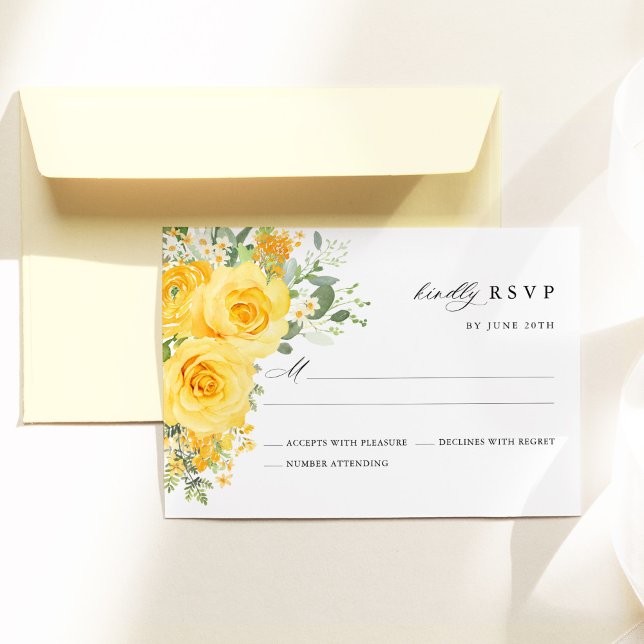 Cartons Réponse Yellow Floral Rose Watercolor Elegant Wedding (Yellow floral wedding RSVP card with watercolor yellow roses, romantic garden wedding stationery)