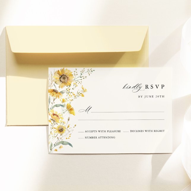 Cartons Réponse Yellow Wildflower Sunflower Wedding (Yellow sunflower wildflower wedding RSVP card, watercolor elegant floral garden wedding stationery)