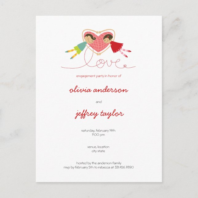 Cartoon Boy Hearts Girl Love Invitation Carte post (Devant)