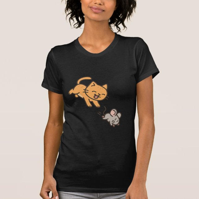 Cartoon Chat & Souris Jouer, Fun Animal T-Shirt (Devant)