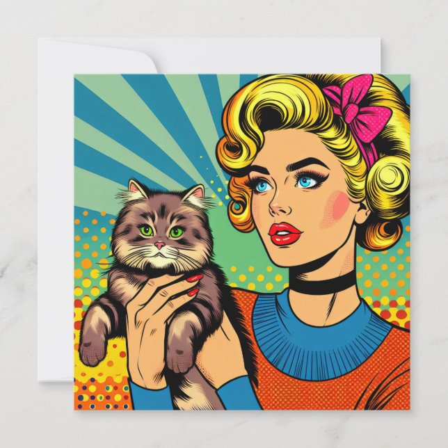 Cartoon Comic Pop Art Femmes tenant un chat (Devant)