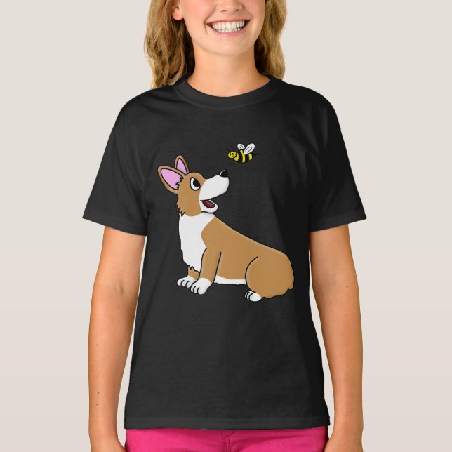 Cartoon Corgi Bee Girl's Ringer TShirt (Devant)
