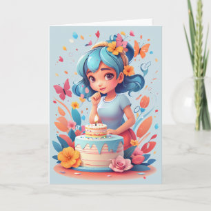 Cartoon fille avec gâteau d'anniversaire   Carte