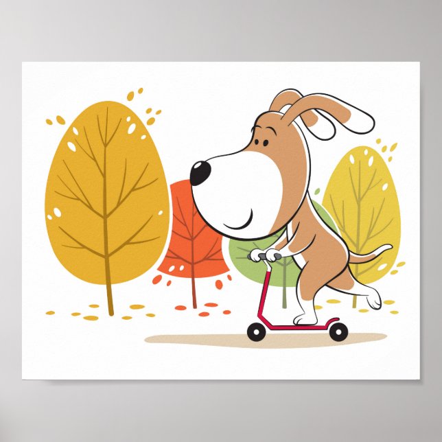 Cartoon Funny Dog Puppy Kick Scooter Poster (Devant)