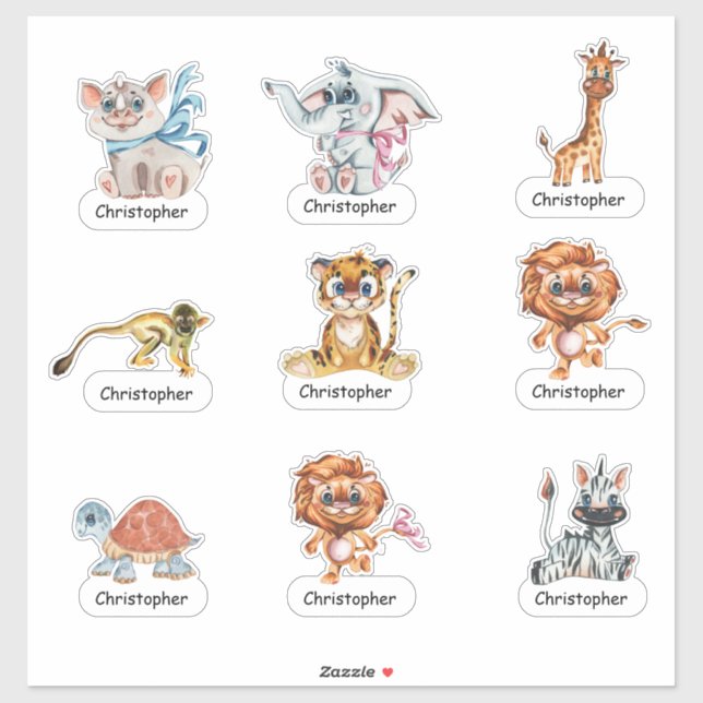 Cartoon Jungle Animaux et votre nom Sticker (Feuille)