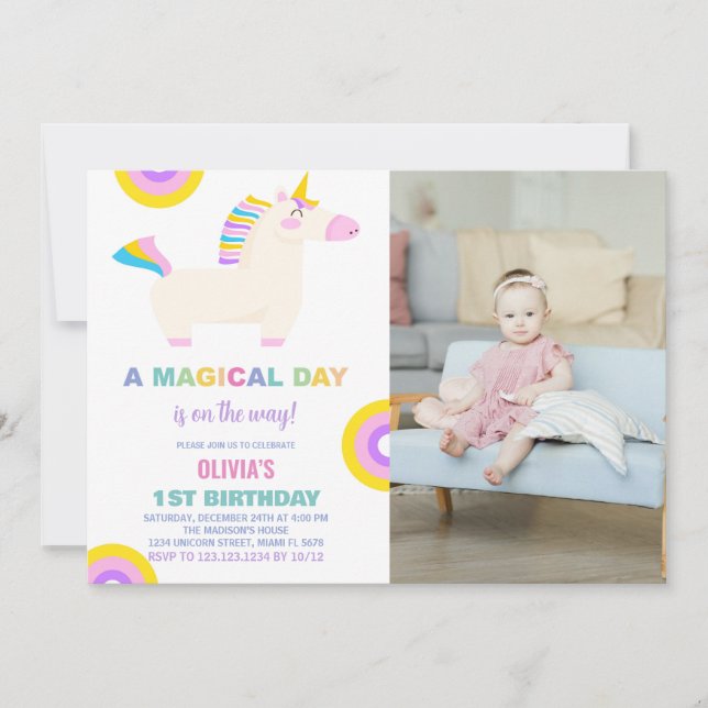 Cartoon Rainbow Unicorn Anniversaire Invitations p (Devant)