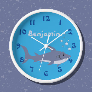 Cartoon Shark Blue Nursery Room Horloge murale