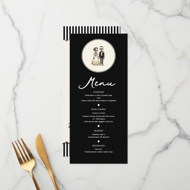 Cartoon Skeleton Bride + Groom Mariage Menu (Devant/Arrière en situation)