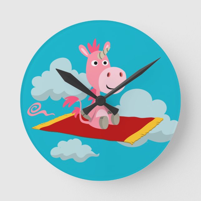 Cartoon Unicorn's Magic Carpet Ride Wall Horloge (Recto)
