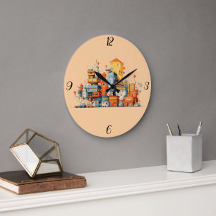 Cartoon Ville Coloré Urbain Horloge Arrière - plan