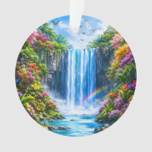 Cascade magique avec arc-en-ciel et fleurs colorée