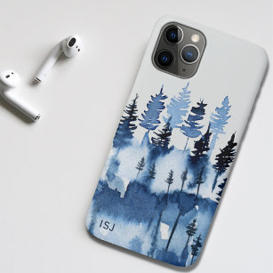 Case-Mate iPhone Case Aquarelle Forêt d'hiver Paysage bleu Monogramme