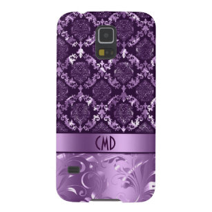 Coque Galaxy S5 Élégant noir et métal violet Damas & dentelle C