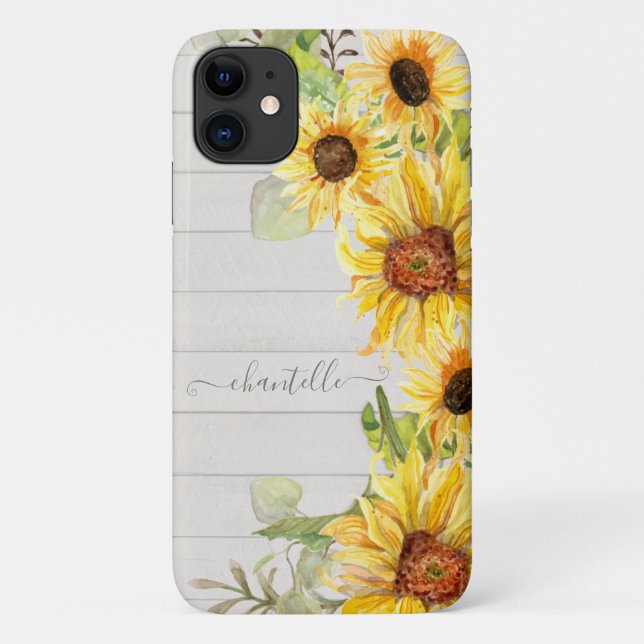 Case-Mate iPhone Case Fleurs de soleil à l'aquarelle Floral Bois rustiqu (Dos)