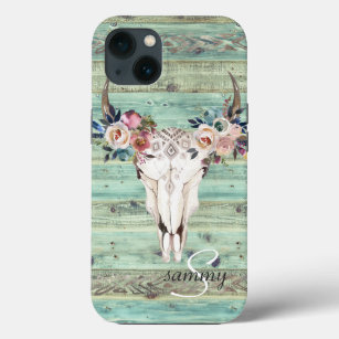 Case-Mate iPhone Case Monogramme en bois de crâne de vache à turquoise