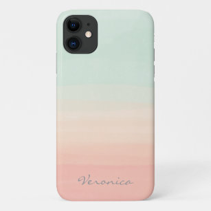 Case-Mate iPhone Case Pastel Watercolor Stripes Sea Glass and Peach Name