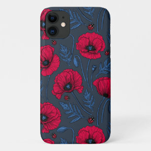 Case-Mate iPhone Case Red poppies and ladybugs on dark blue