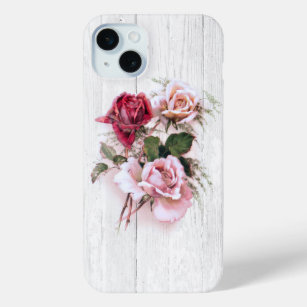 Coque Case-Mate iPhone Roses élégantes rose et rouge sur bois blanchi à l