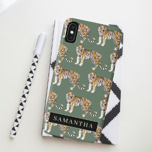 Case-Mate iPhone Case Tigres d'aquarelle verte tropicale Motif avec nom