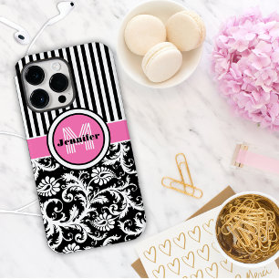 Case-Mate iPhone Monogramme rose, noir, blanc Coque en damas rayé