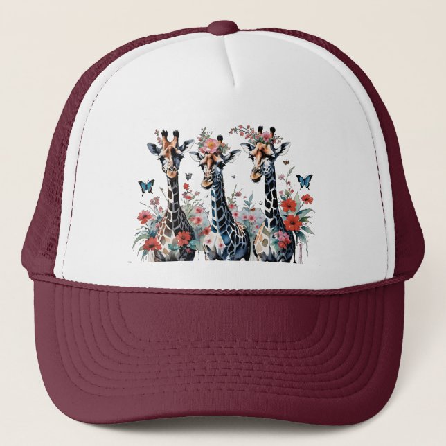 Casquette 3 Giraffes adorables aux fleurs (Devant)