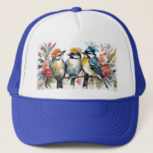 Casquette 3 mignons oiseaux qui bavardent sur une branche da
