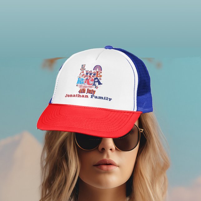 Casquette 4 juillet America Independence Day Flag Nom de fam (4th July Balloon American Flag Patriotic Family Trucker Hat)