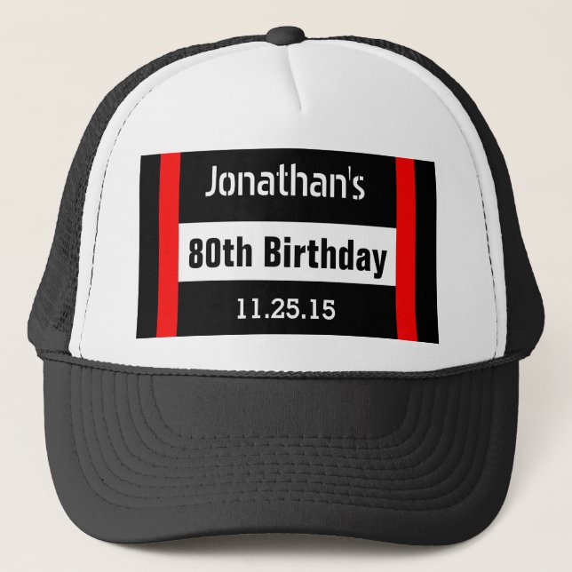 Casquette 80e anniversaire Noir avec cadre rouge personnalis (Devant)
