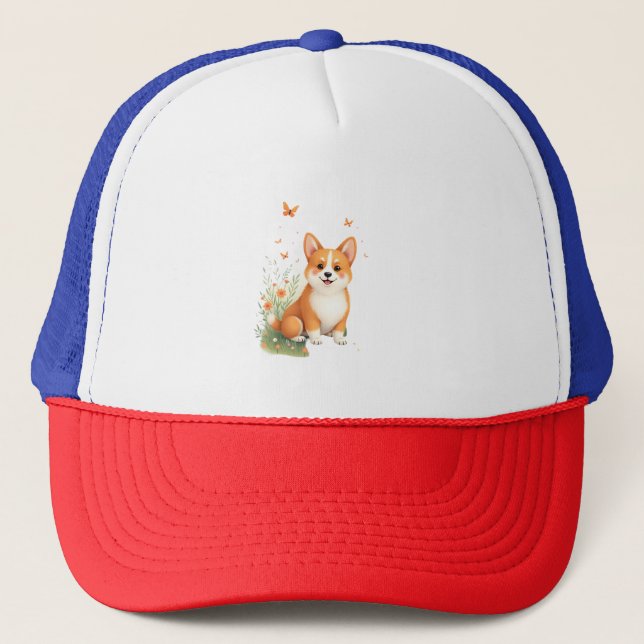 Casquette Akita Chien avec Fleur et T-shirt Papillon (Devant)