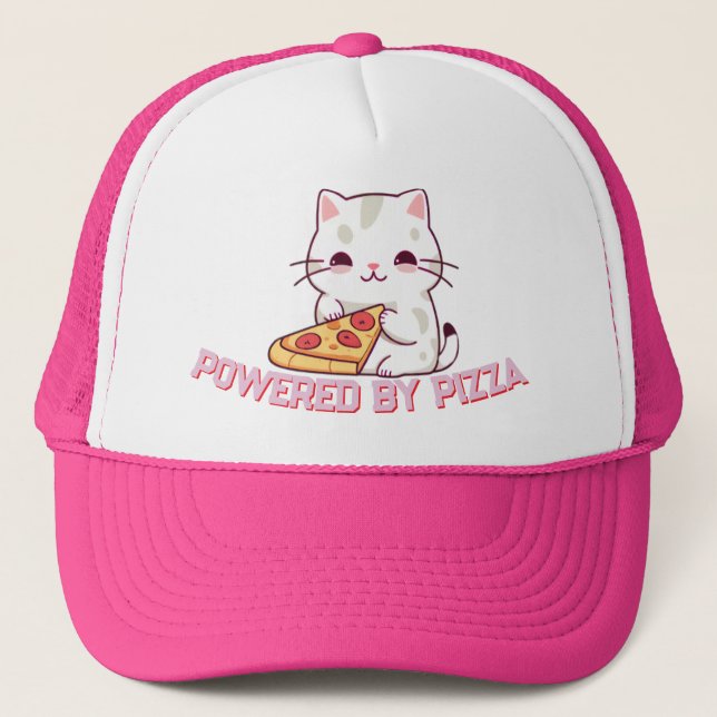 Casquette Alimenté par une pizza avec un mignon chat (Devant)
