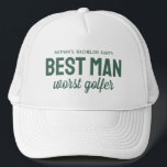 Casquette Amusant golf bachelor partie meilleur homme pire g<br><div class="desc">Pour la soirée de bachelor sur le thème du golf, faites un bon rire avec ce casquette personnalisé parfait pour le meilleur homme. Le casquette présente le dicton "Best Man pire golfer", mais le texte vert peut être customisé avec votre choix de libellé. Trouvez la coordination des fournitures de baccalauréat...</div>