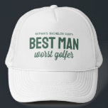 Casquette Amusant golf bachelor partie meilleur homme pire g<br><div class="desc">Pour la soirée de bachelor sur le thème du golf, faites un bon rire avec ce casquette personnalisé parfait pour le meilleur homme. Le casquette présente le dicton "Best Man pire golfer", mais le texte vert peut être customisé avec votre choix de libellé. Trouvez la coordination des fournitures de baccalauréat...</div>