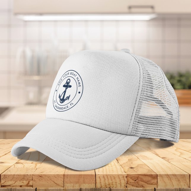 Casquette Ancre nautique Nom du bateau bleu marine Personnal (Nautical Anchor Boat Name Navy Blue Custom Trucker Hat)