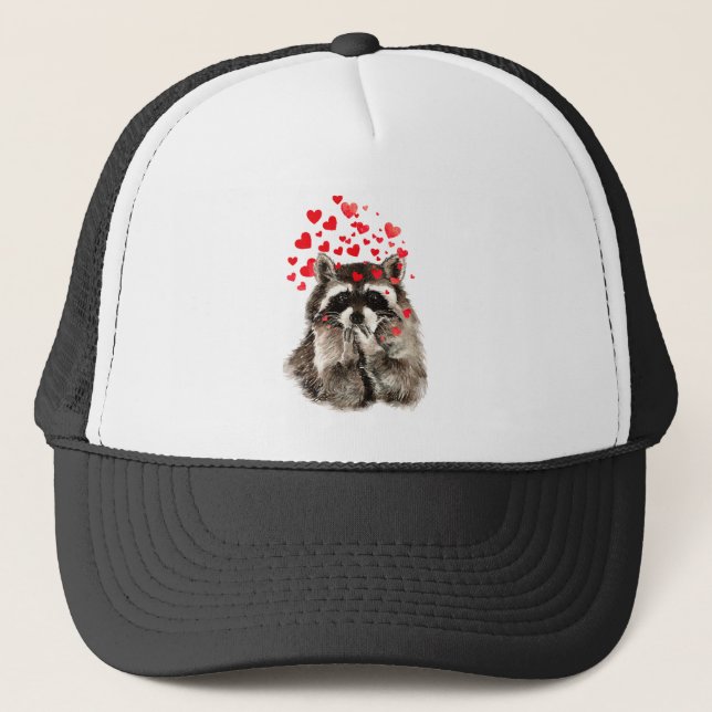Casquette Aquarelle amusant Raccoon soufflant Baisers Coeurs (Devant)