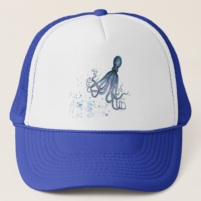 Casquette Aquarelle Bleu Octopus Art animal sous-marin (Devant)