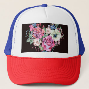 Casquette Aquarelle coeur floral : roses vintages.