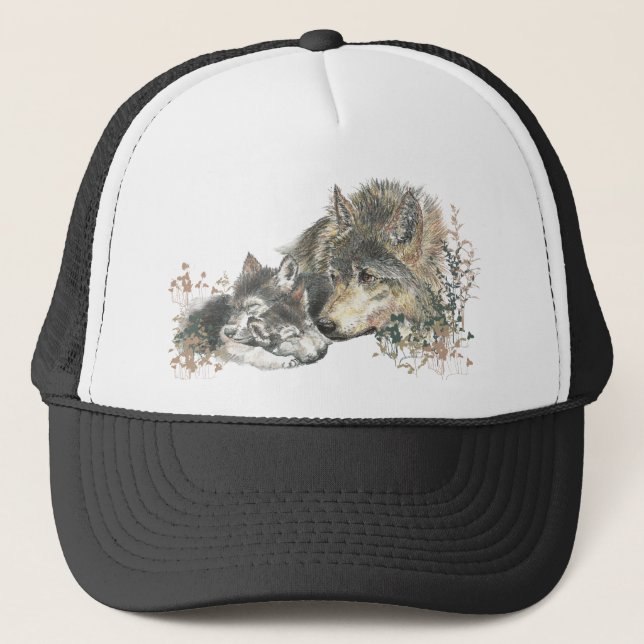 Casquette Aquarelle Mère Wolf & Cubs Animal Art (Devant)