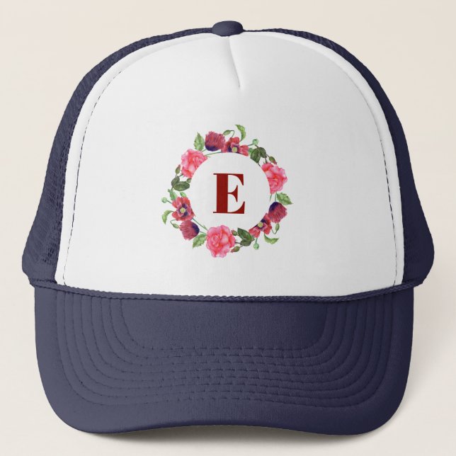 Casquette Aquarelle Monogramme Fleurs rouges et roses Wreath (Devant)