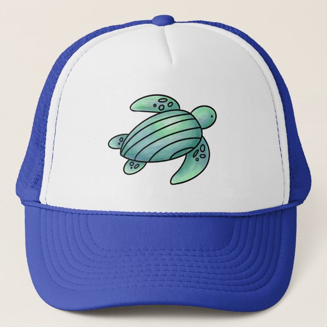 Casquette aquarelle peinte caricature de tortue de mer bleu  (Devant)