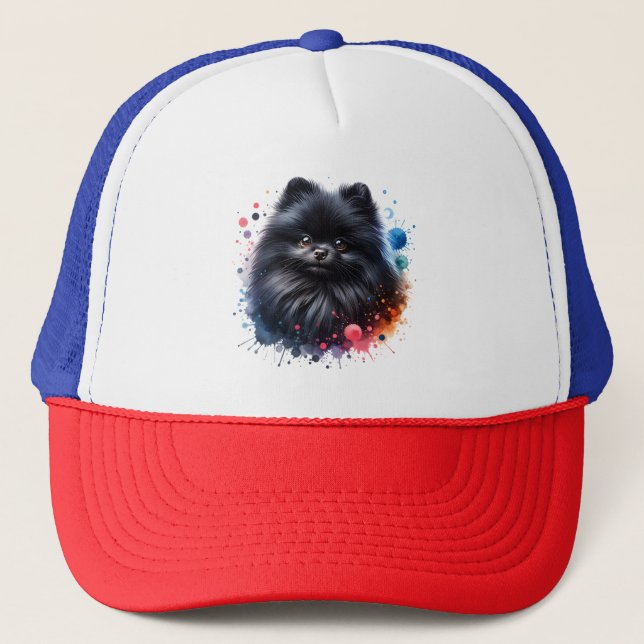 Casquette Aquarelle poméranienne noire (Devant)