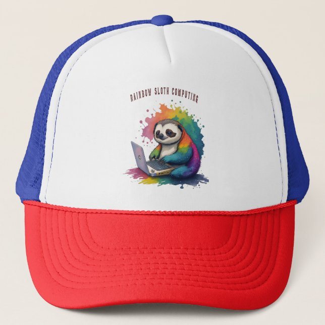 Casquette Aquarelle Rainbow Cute Sloth Computing (Devant)