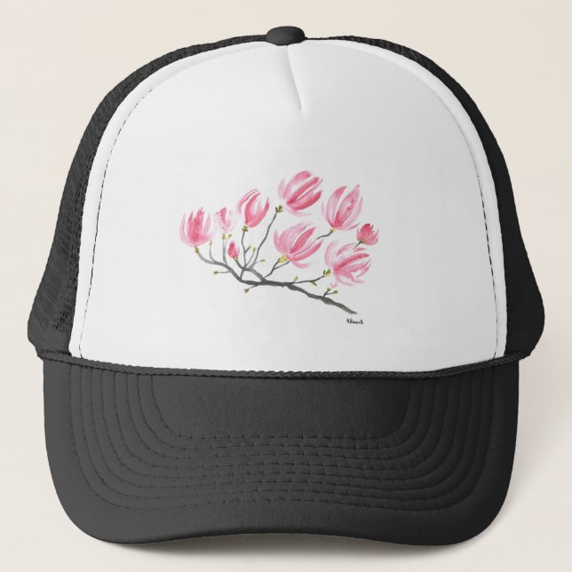 Casquette Aquarelle rose Magnolia Nature Botanique Floral (Devant)